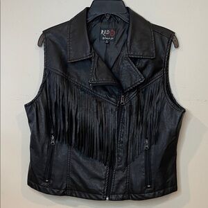Red SnapBlack  FauxLeather Fringe Jacket